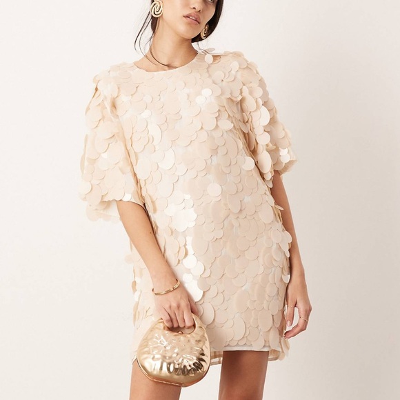 ASOS EDITION embellished matte disc sequin t-shirt mini dress in off white 14 - Picture 1 of 2